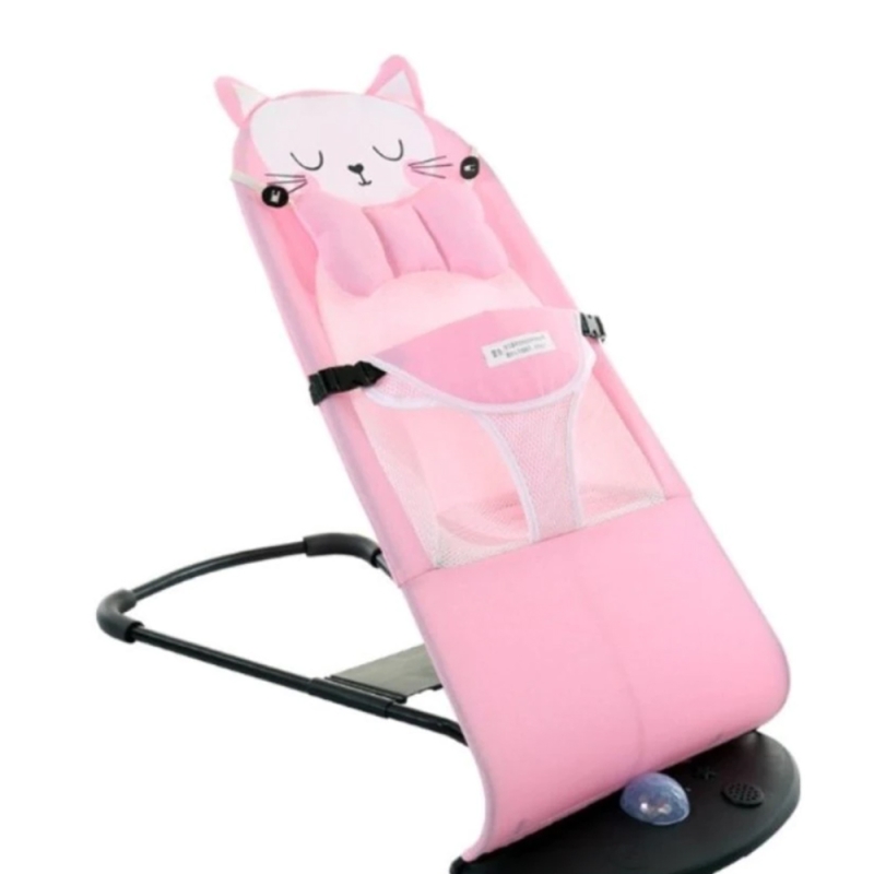Balansoar bebe ergonomic Karemi, cu 5 trepte, inclinare reglabila, pliabil, 0+ luni, roz, cu pisicuta