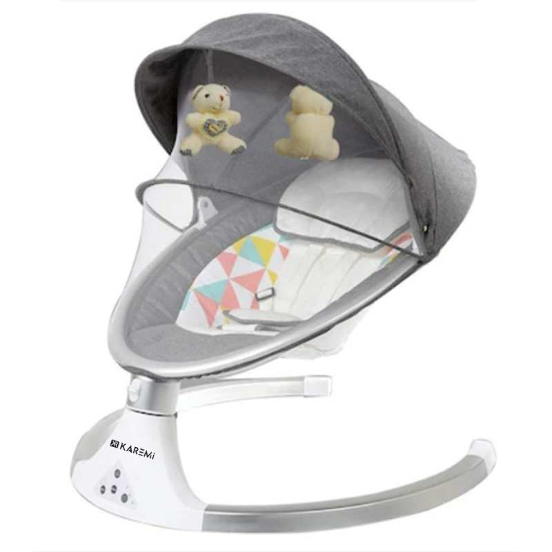 Balansoar pentru copii karemi, patut ergonomic, cu acoperis rabatabil si plasa protectie, gri deschis
