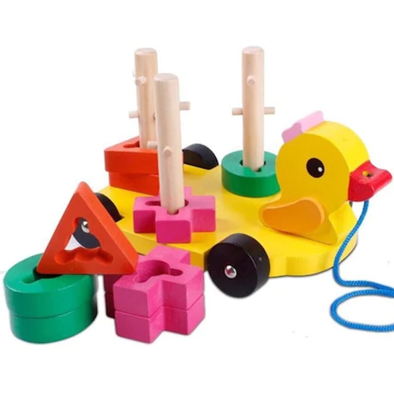  jucarie din lemn karemi, figurina unei ratuste, forme geometrice, educativa, multicolora