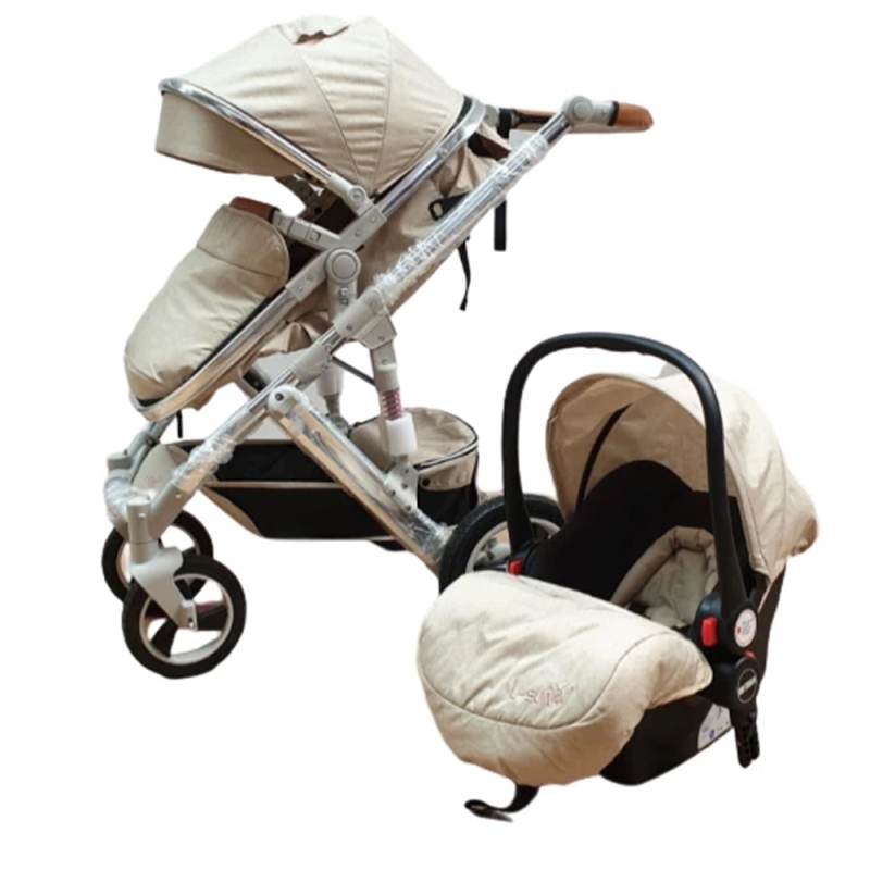Carucior 3 in 1, karemi, reversibil cu suspensii, compact bej