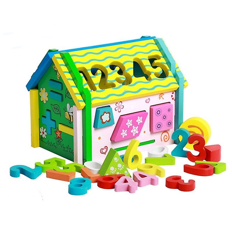 Casuta din lemn colorata cu maner karemi , bile, figurine, forme geometrice si cifre