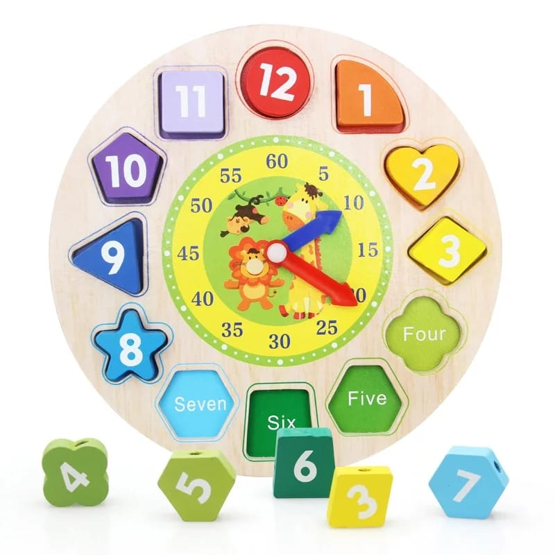 Ceas din lemn Karemi, joc educativ, cu piese multicolore