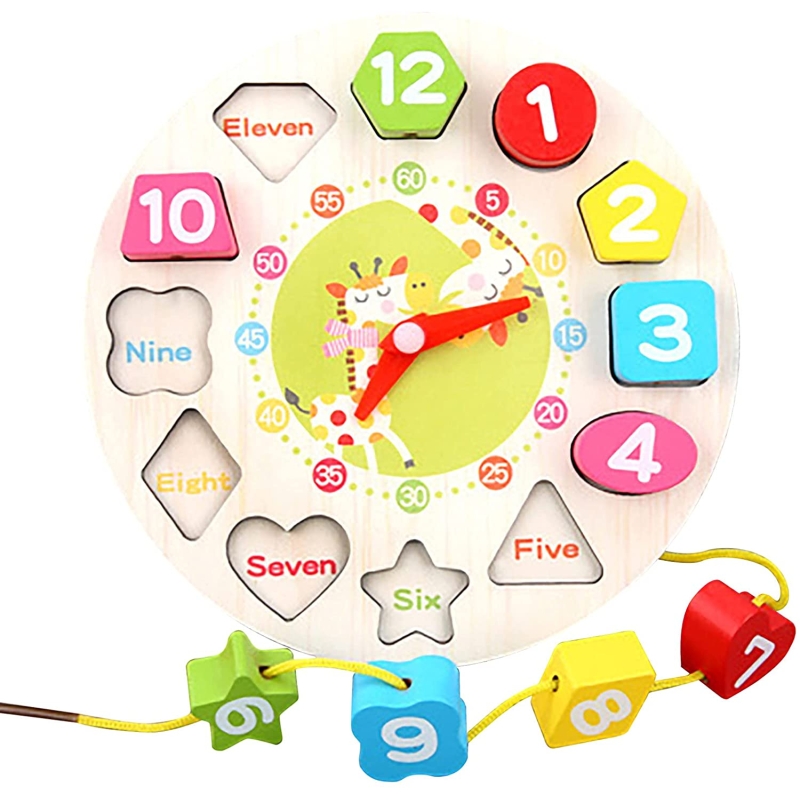 Ceas din lemn karemi, joc educativ, piese multicolore, model girafa