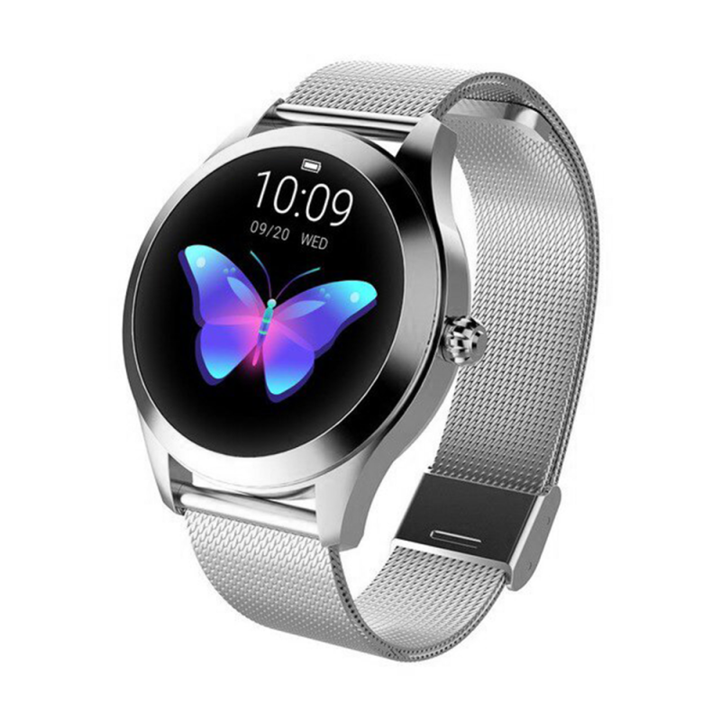 Ceas smartwatch loomax KW10, monitorizare ciclu menstrual, ritm cardiac, pedometru, sedentarism, somn, notificari instant, bratara metalica, rezistent la apa ip68, vibratii, multi sport, silver