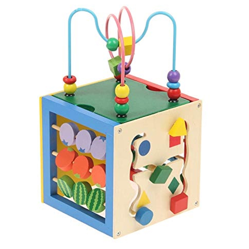Cub activitati educationale Karemi din lemn, centru multifunctional, 5 in 1, multicolor