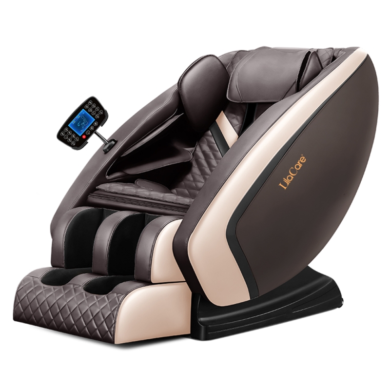 Fotoliu de masaj fantasy, lila care, cu incalzire, functie bluetooth audio, display, zero gravity, piele ecologica, maro/bej