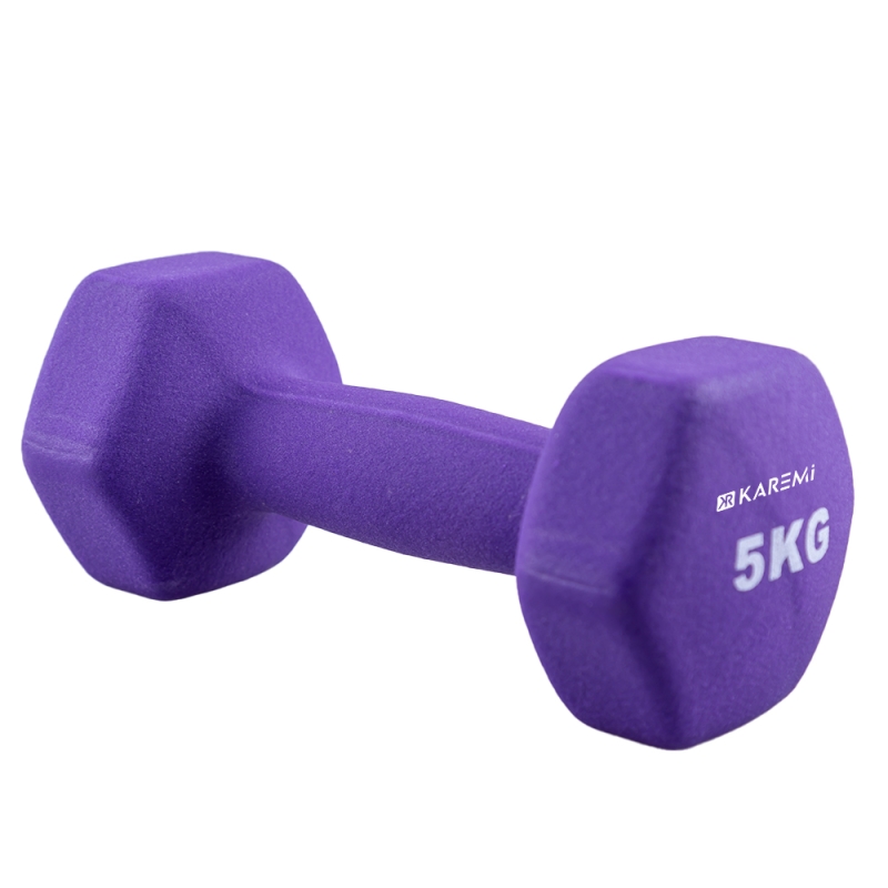 Gantera karemi de 5 kg pentru fitness, tip hexagon, mov