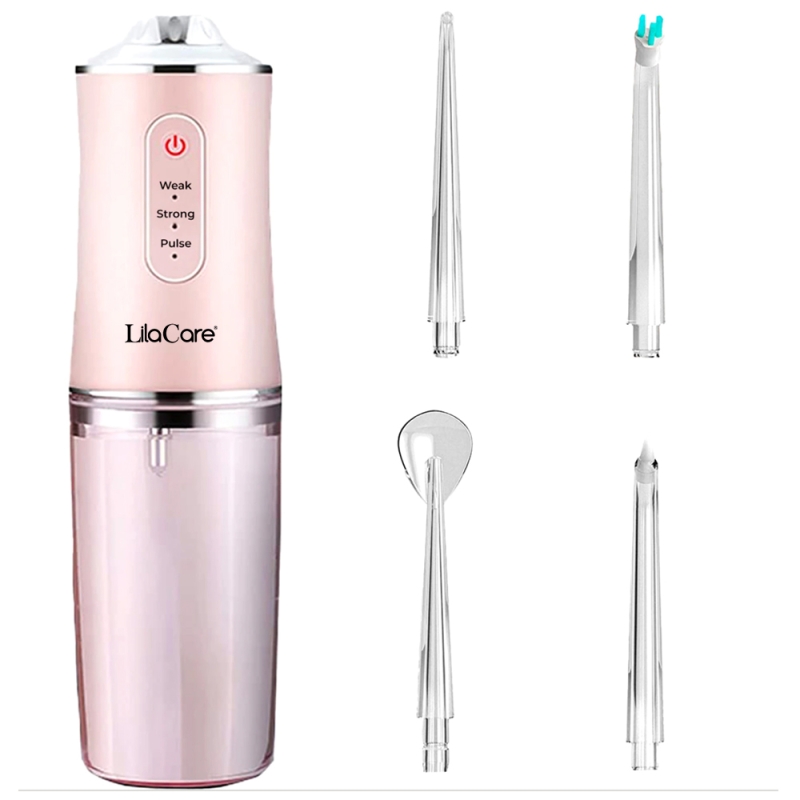 Irigator Bucal Profesional Dus Bucal Lila Care UltraPortabil 4 Capete Curatare Rezervor 220 Ml Roz