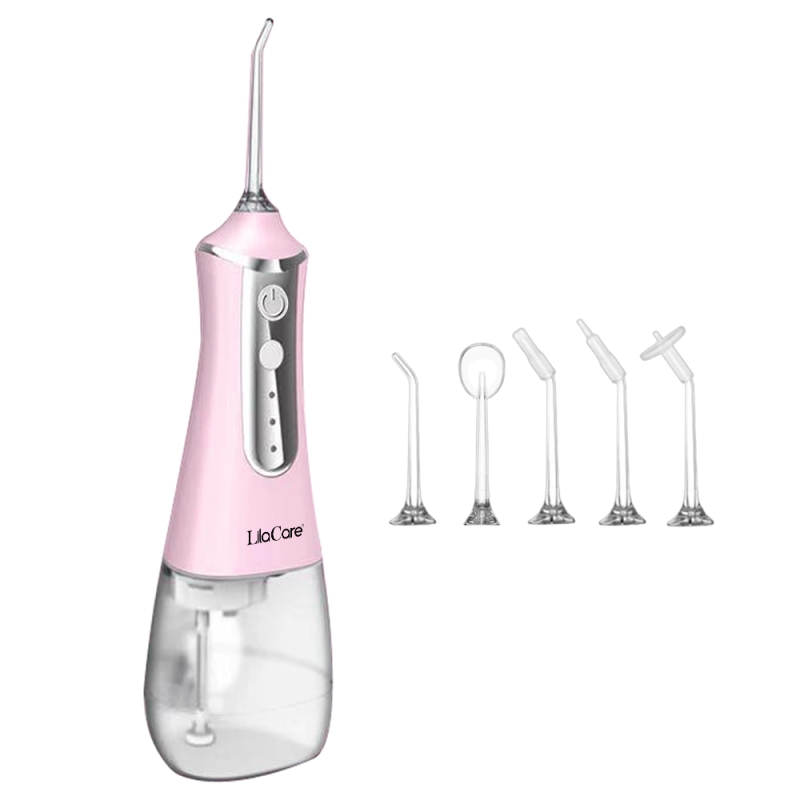 Irigator Bucal Profesional Dus Bucal Lila Care UltraPortabil 5 Capete Curatare Rezervor 350 Ml Roz