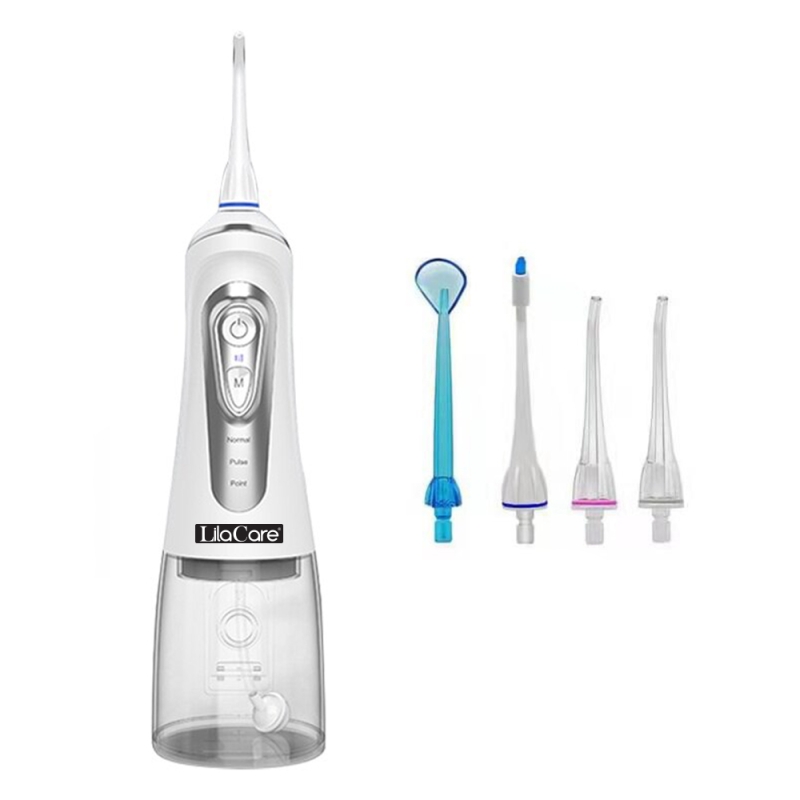 Irigator bucal Lila Care, portabil, USB, jet de apa dentar, 3 moduri, rezervor de apa impermeabil dinti, 4 capete inlocuibile, 320 ml, Alb