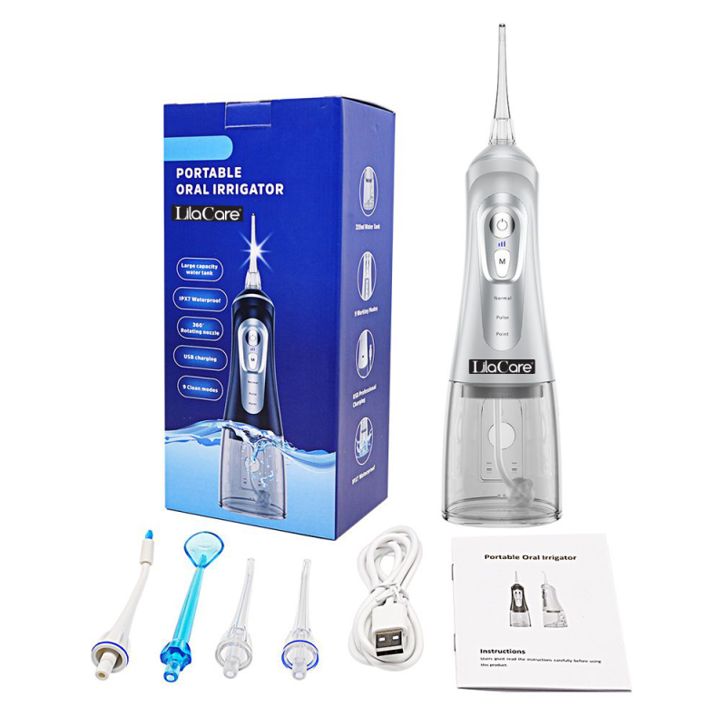 Irigator bucal Lila Care, portabil, USB, jet de apa dentar, 3 moduri, rezervor de apa impermeabil dinti, 4 capete inlocuibile, 320 ml, Alb