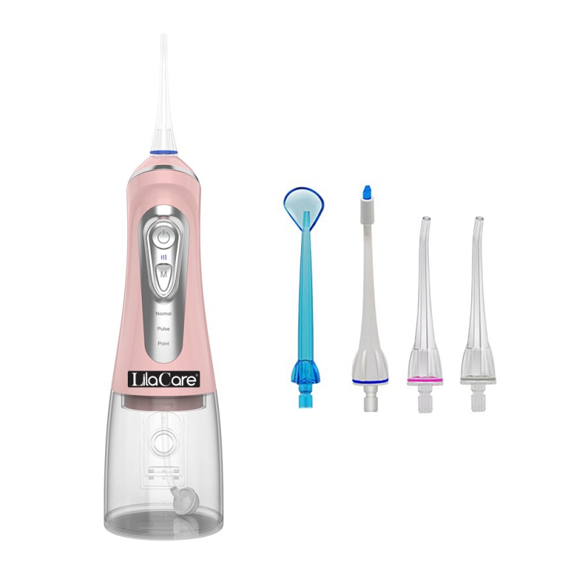 Irigator bucal Lila Care, portabil, USB, jet de apa dentar, 3 moduri, rezervor de apa impermeabil dinti, 4 capete inlocuibile, 320 ml, Roz