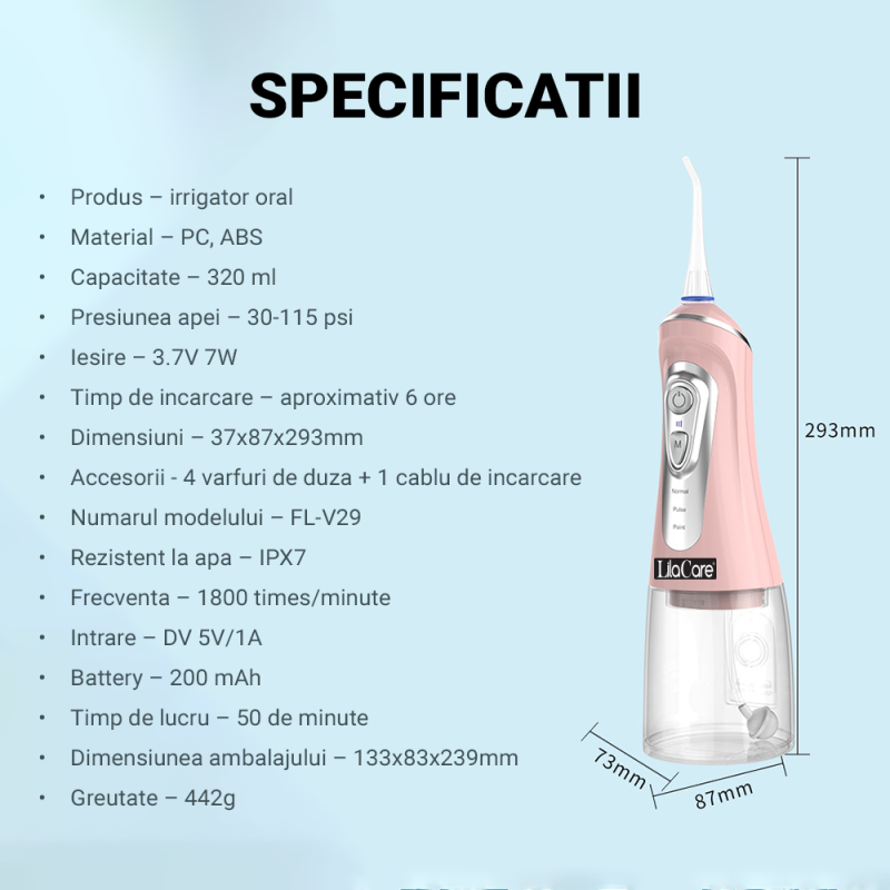 Irigator bucal Lila Care, portabil, USB, jet de apa dentar, 3 moduri, rezervor de apa impermeabil dinti, 4 capete inlocuibile, 320 ml, Roz