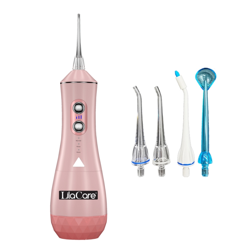 Irigator bucal Lila Care, portabil, USB, jet de apa dentar, rezervor de apa impermeabil, 320 ml, rezistent la apa, 4 capete inlocuibile, Roz