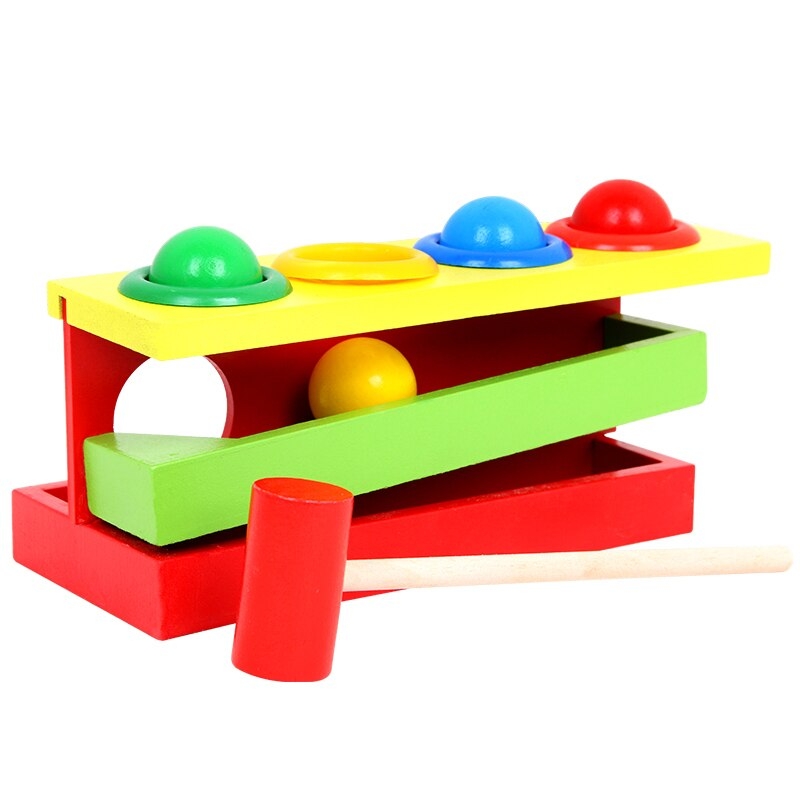 Jucarie cu ciocan si bile din lemn kremi, multicolora