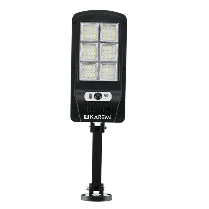 Lampa solara stradala Karemi, 150 LED, cu senzor de miscare, panou solar incorporat, brat de montare inclus si telecomanda cu functii multiple