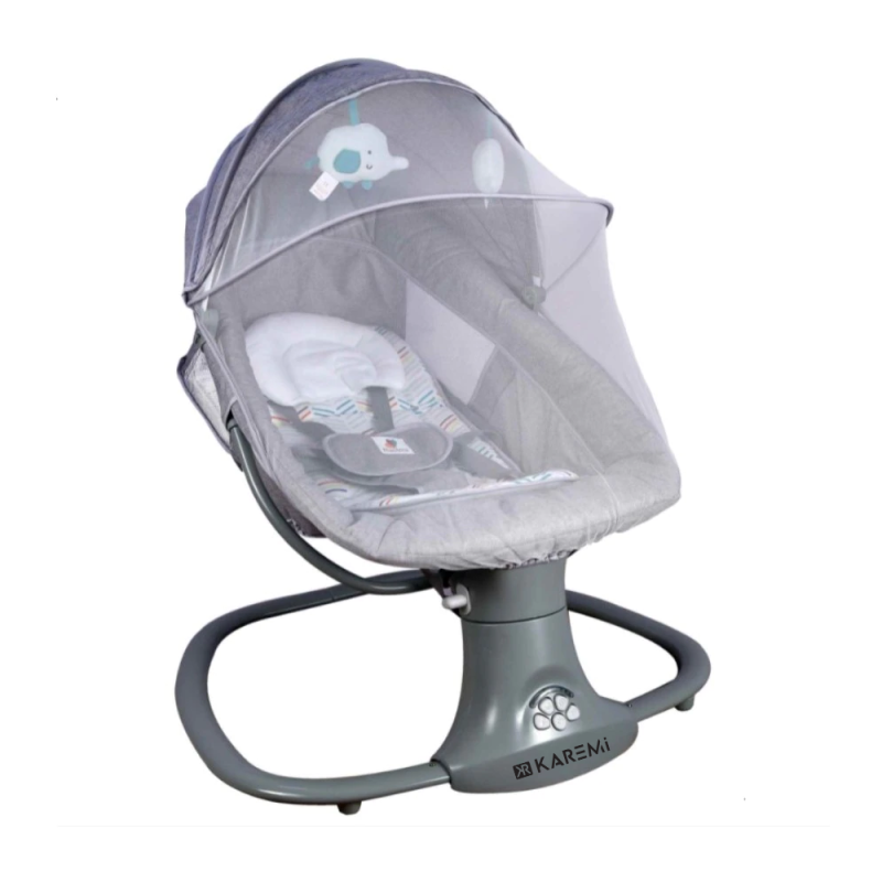 Leagan copii karemi, balansoar copii 3 in 1, electric, cu plasa tantari, perna detasabila, bara activitati, usb, bluetooth, telecomanda, gri