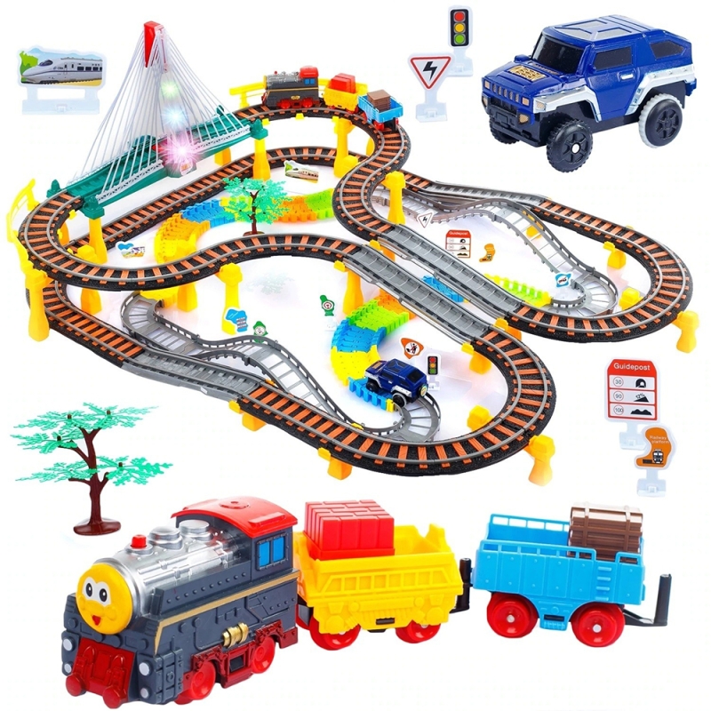 Mega circuit 2 in 1 karemi, cu 192 piese, pista de cursa dubla, cu locomotiva si autovehicul, pod iluminat electric