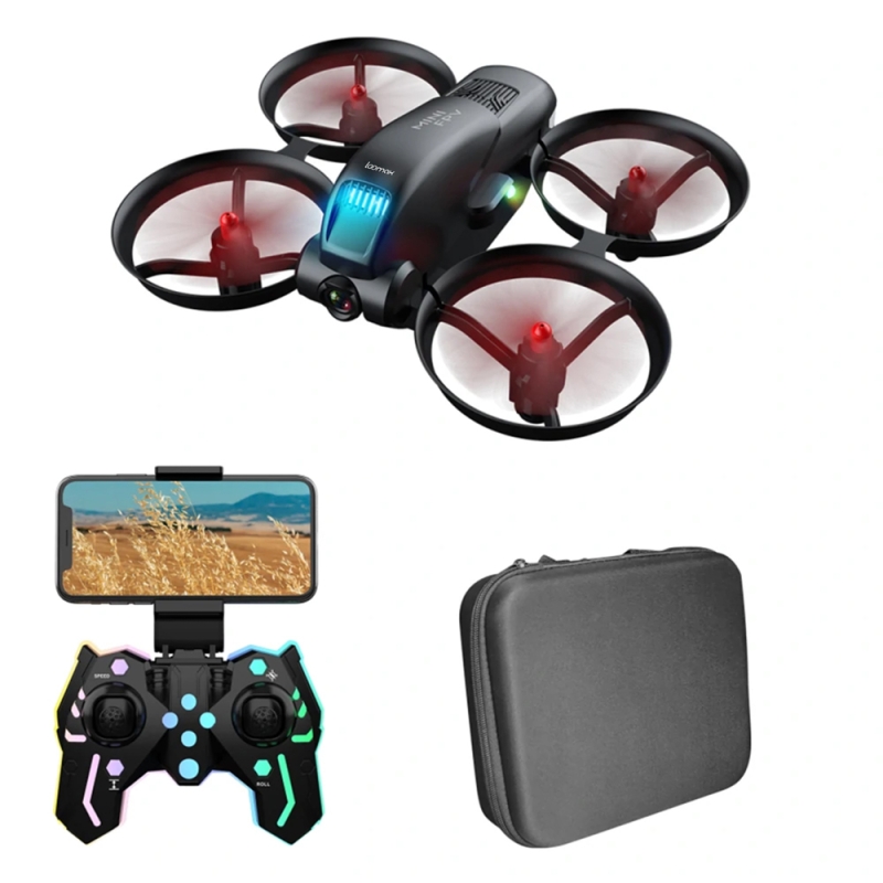 Mini drona Loomax, cu camera duala 4K HD, mod GPS, 2.4G, functie WIFI, timp zbor 11-15 min, lumini LED, rotire 360, slot de card, neagra