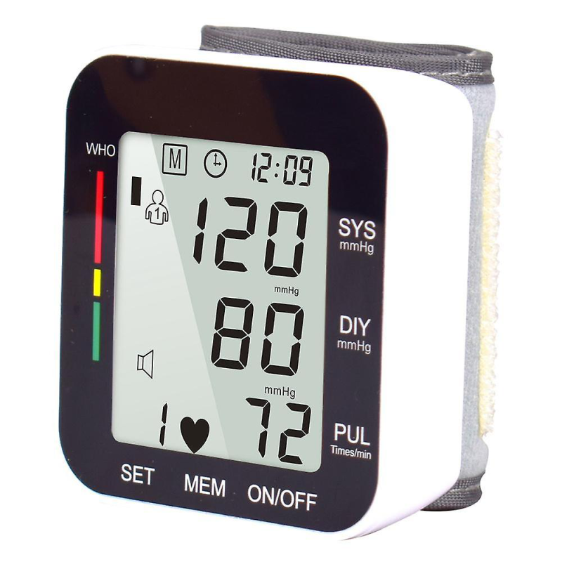 Monitor automat de tensiune arteriala lila care pentru incheietura mainii, cu functie vocala, afisaj lcd, monitorizarea ritmului cardiac, alb/negru