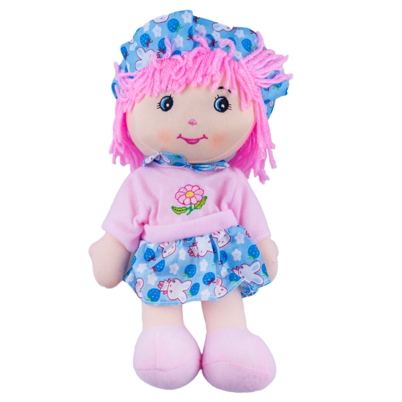 Papusa de plus karemi, cu fusta si palarie, 26 cm, roz / albastru