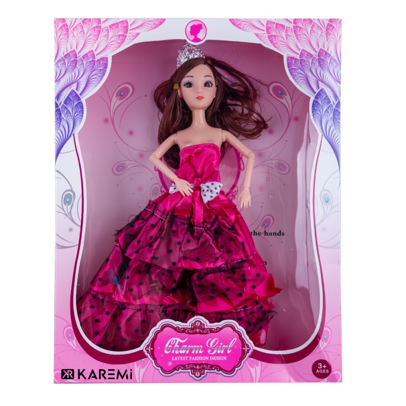 Papusa karemi printesa, jucarie pentru fetite, cu coroana si rochie fucsia