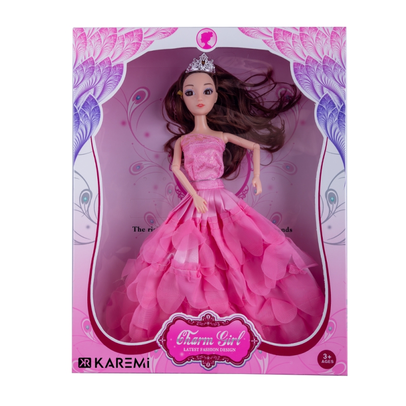 Papusa Karemi printesa, jucarie pentru fetite, cu coroana si rochie roz pal