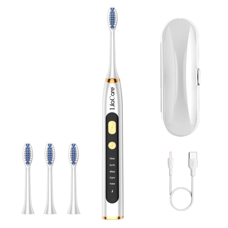 Periuta de dinti electrica lilacare, rezistent la apa, incarcare usb, 5 moduri de vibratii, 4 capete inlocuibile, alba