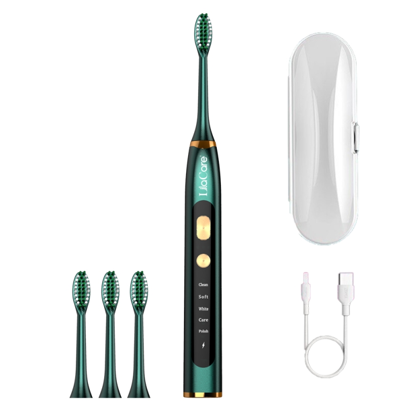 Periuta de dinti electrica LilaCare, rezistenta la apa, incarcare USB, 5 moduri de vibratii, 4 capete inlocuibile, verde