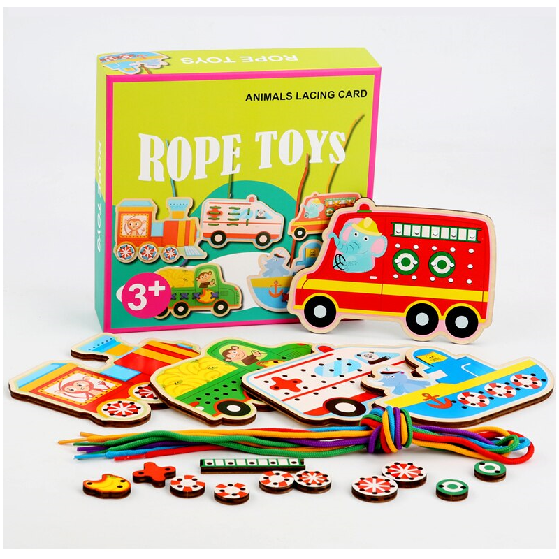 Puzzle educativ cu snururi karemi, model mijloace transport, multicolor