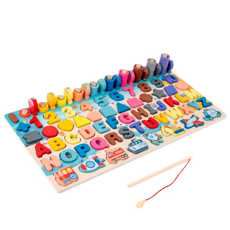 Puzzle karemi 7 in 1, din lemn cu magneti, joc pescuit, ortografie, invatare numere, educativ, pentru copii peste 3 ani