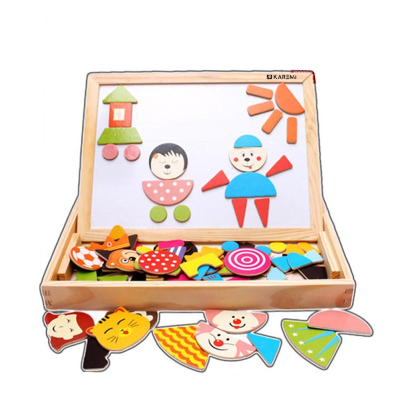 Puzzle karemi din lemn, tabla cu 2 fete, magnetica si table pentru creta, cu figurine
