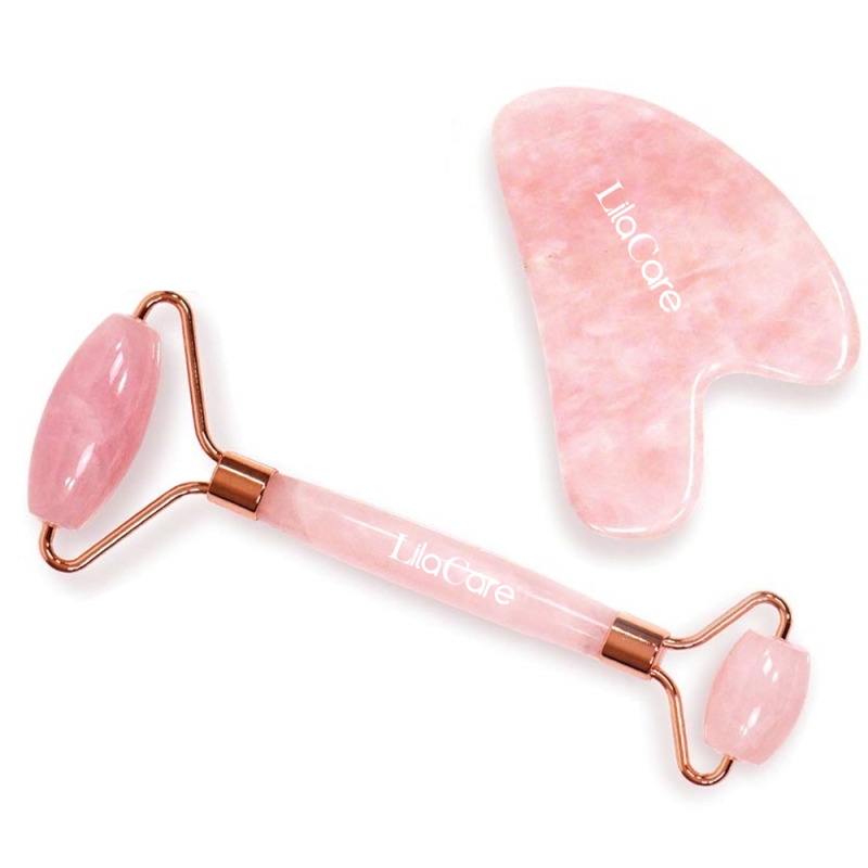 Rola din quartz si piatra gua sha pentru masaj facial si corporal, lila care, roz