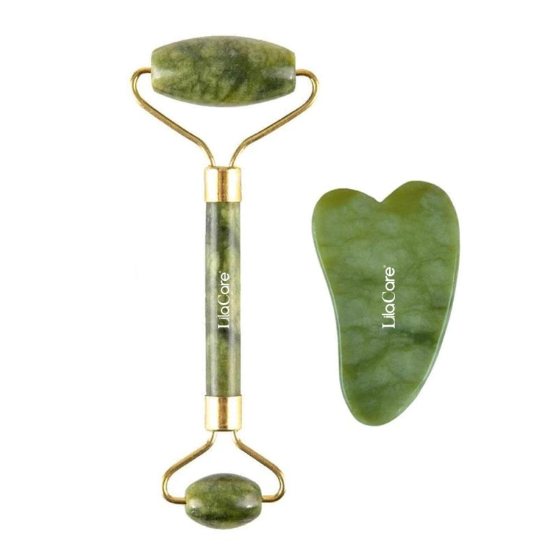 Rola jad si piatra gua sha, lila care, pentru masaj facial si corporal, verde