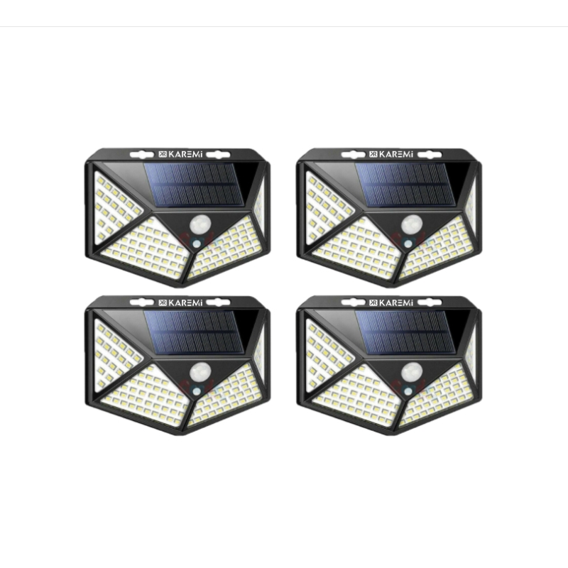 Set 4 lampi cu incarcare solara, Karemi, senzor de miscare si lumina, stare de veghe, 3 moduri de iluminare, 100 LED-uri