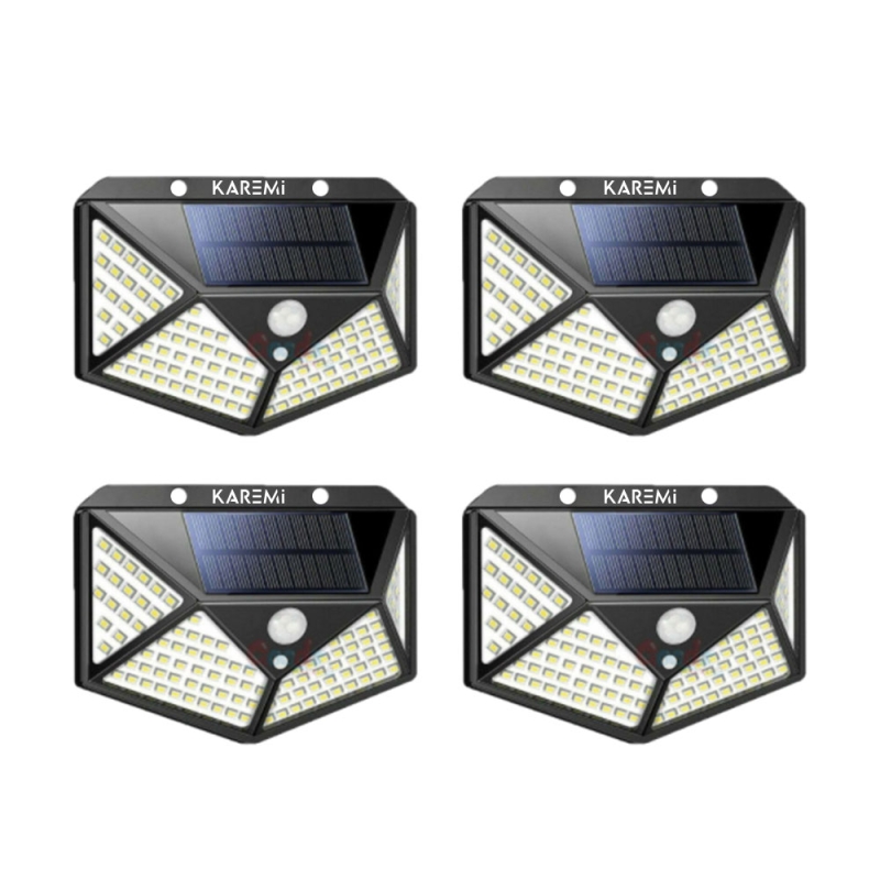 Set 4 lampi cu incarcare solara, KAREMI, senzor de miscare si lumina, stare de veghe, 3 moduri de iluminare, 4 x 100 LED-uri