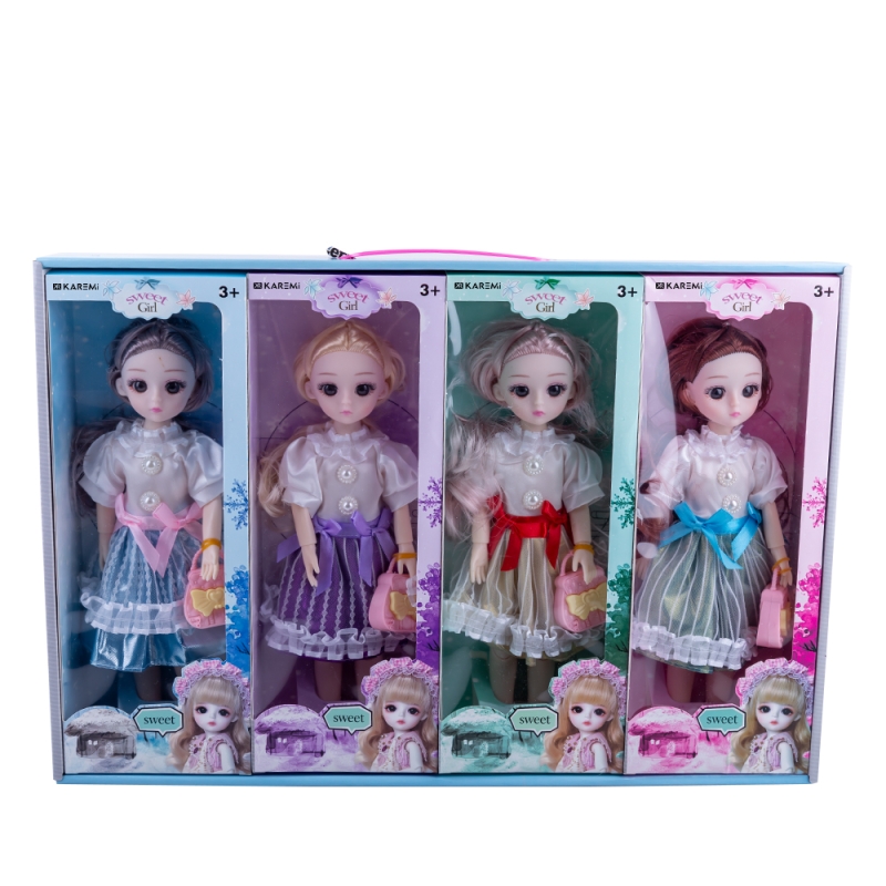 Set 4 papusi karemi, cu hainute colorate, imbracaminte si incaltaminte detasabile, 30 cm inaltime