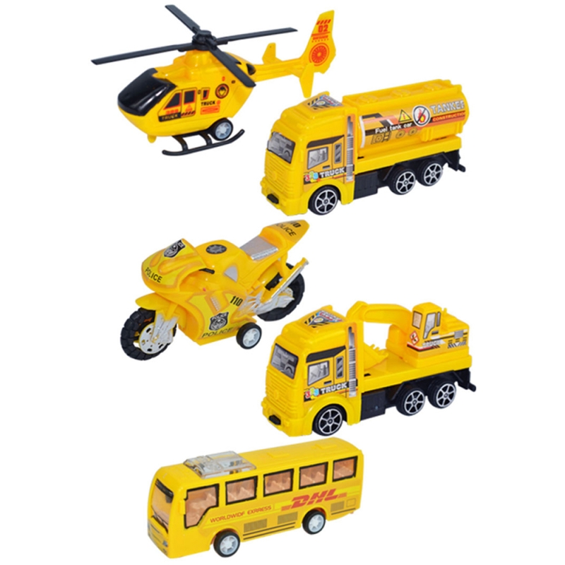 Set 5 masinute karemi, seria de inginerie in constructii, cu elicopter, motocicleta, autobuz, cisterna, excavator, galbene