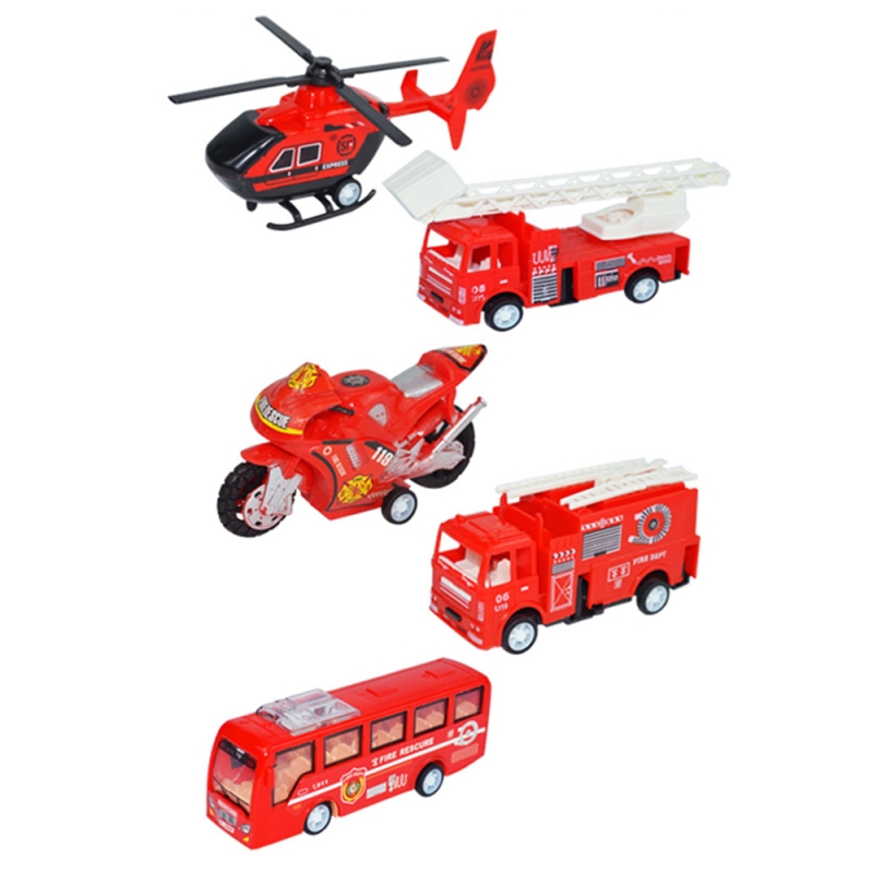 Set 5 masinute karemi, seria de stingere a incendiilor, cu elicopter, motocicleta, autobuz, 2 x masina de pompieri, rosii