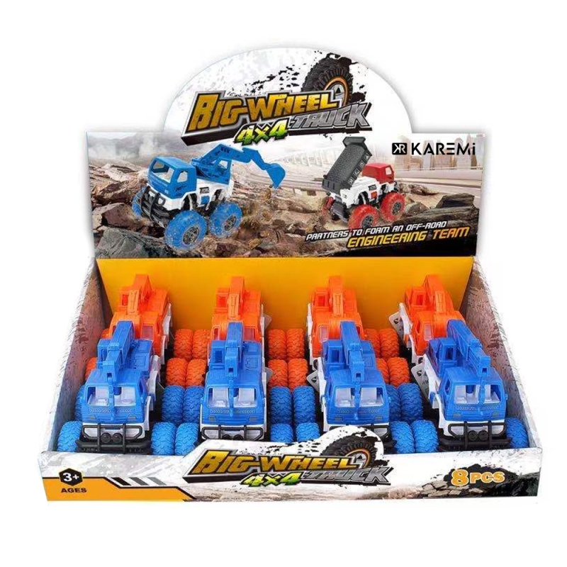Set 8 jucarii excavator si macara, karemi, portocaliu/albastru, din plastic, pentru copii de peste 3 ani