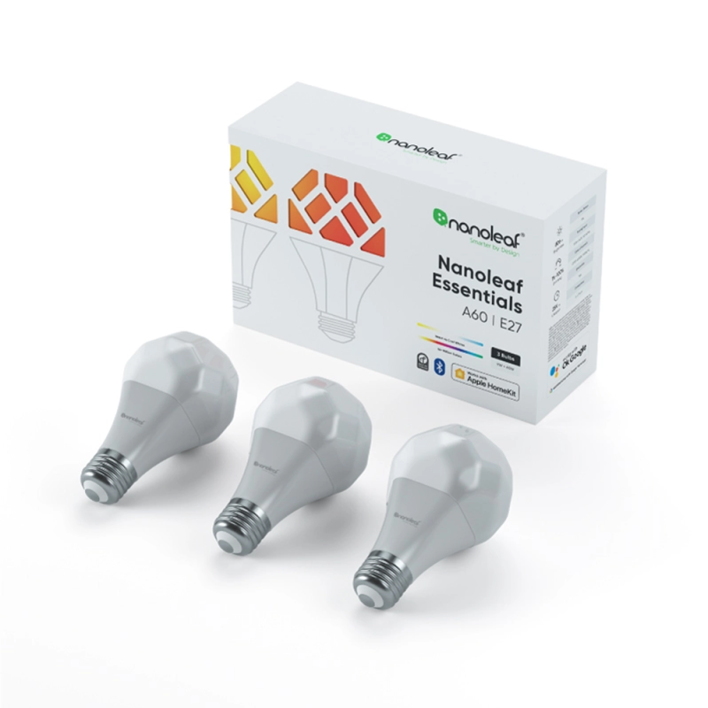 Set becuri smart Nanoleaf Essentials Smart, Bluetooth, LED, RGBW, E27, 9W, 806 lm, lumina alba si colorata, 3 bucati