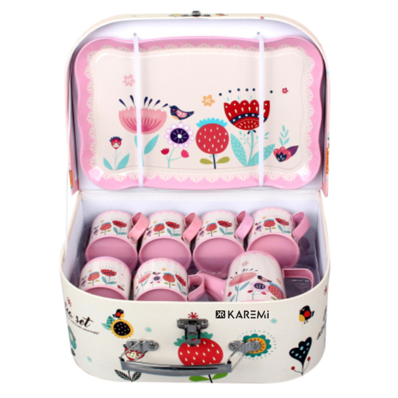 Set ceai karemi, pentru copii, cu ceainic, cani, platou, alb/ roz, k01b-10023