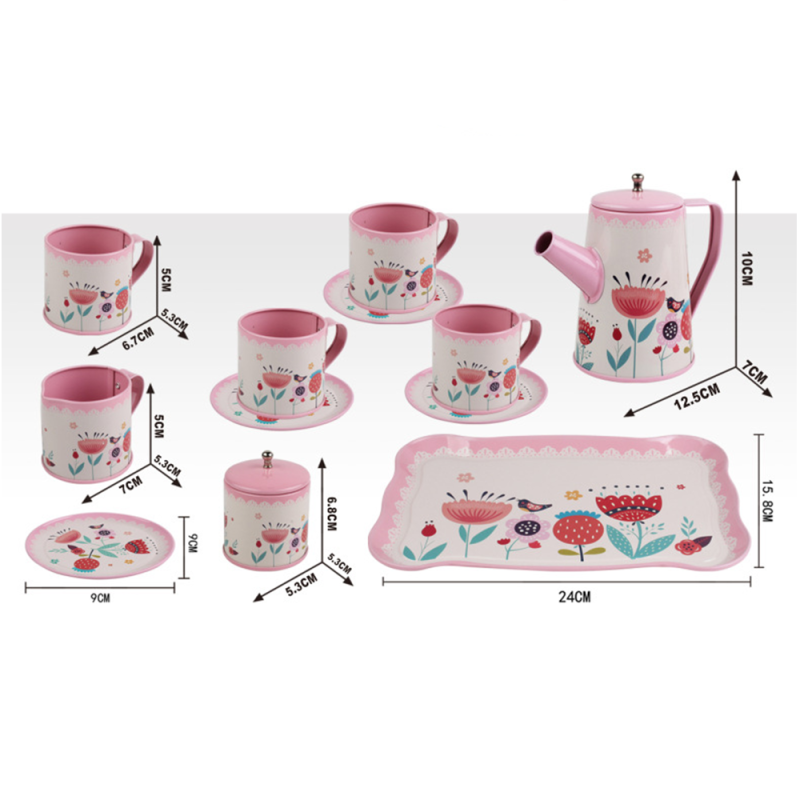 Set ceai Karemi, pentru copii, cu ceainic, cani, platou, Alb/ Roz, K01B-10023