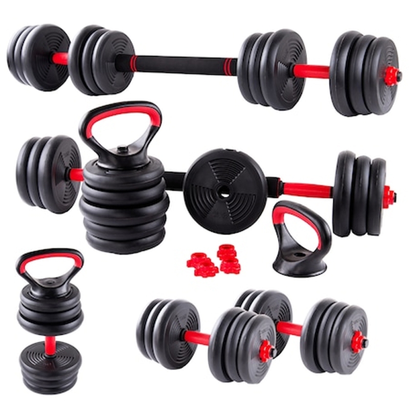 Set gantera karemi de 30 kg, reglabila kettlebell, 6 in 1, cu o multitudine de combinatii, negru cu rosu