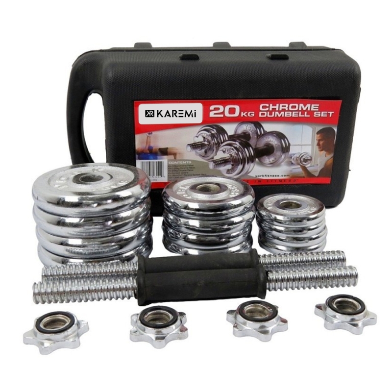 Set gantere si haltere karemi de 20 kg, cu discuri din metal, cromate