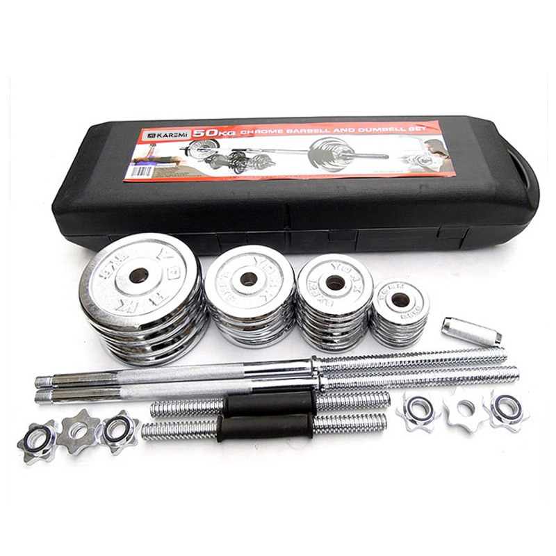 Set gantere si haltere karemi de 50 kg, cu discuri din metal, cromate
