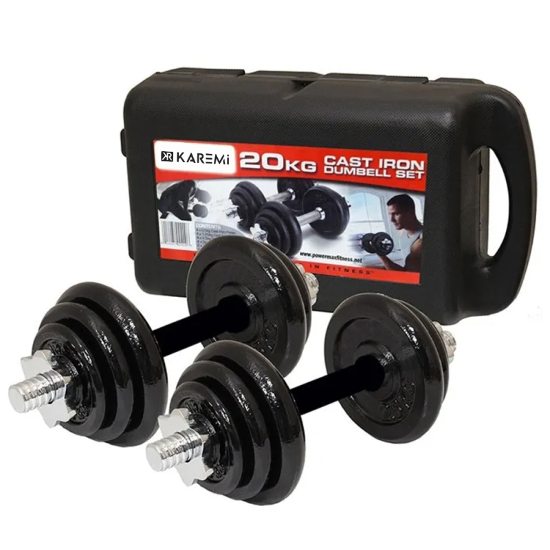 Set gantere si haltere karemi de 20 kg, cu discuri din metal, negre
