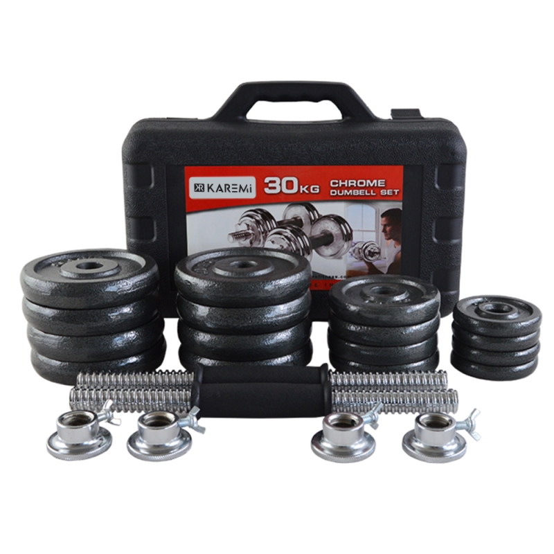 Set gantere si haltere karemi de 30 kg, cu discuri din metal, negre