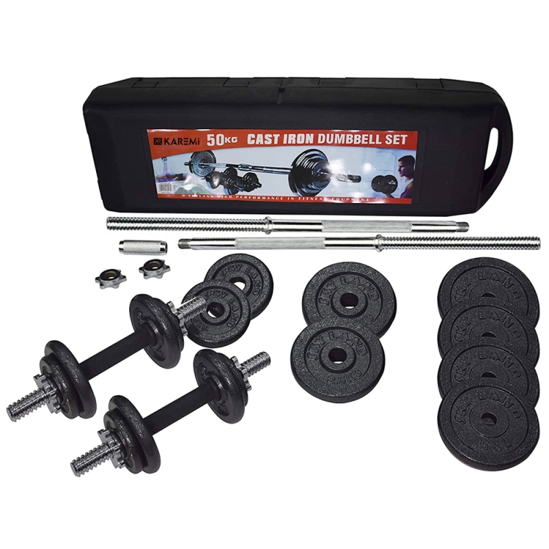 Set gantere si haltere karemi de 50 kg, cu discuri din metal, negre