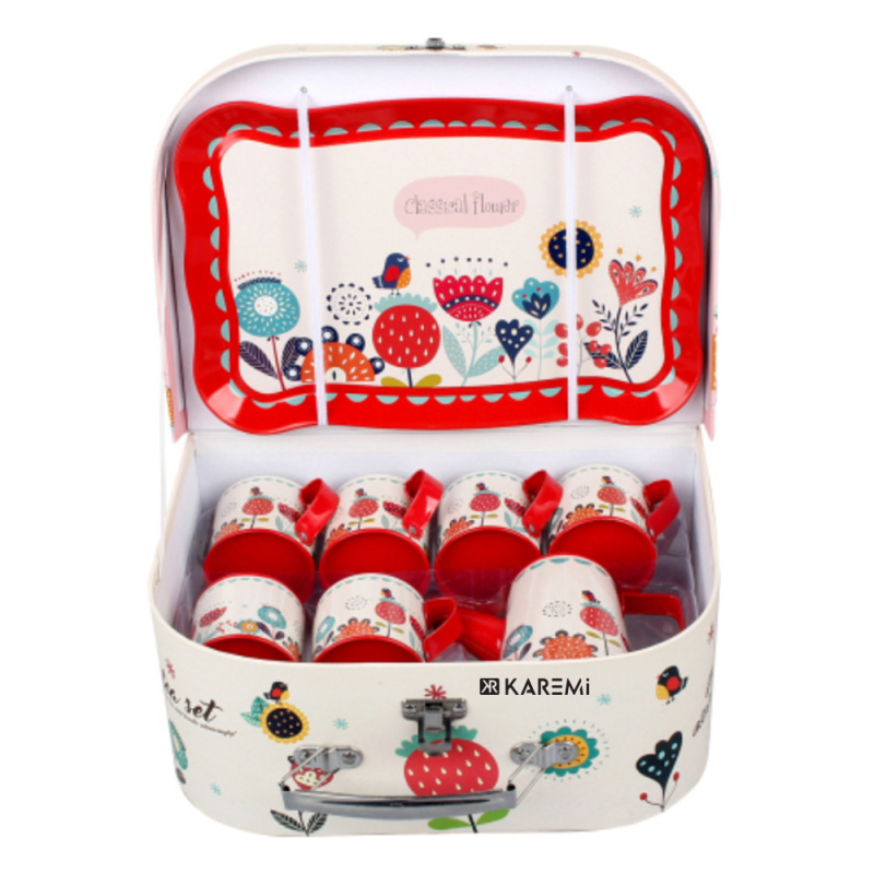 Set pentru bucatarie copii karemi, cu piese pentru ceai, cu ceainic, cani si platou, rosu / alb